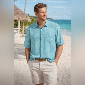 Tommy Bahama minty blue/green Geometric Print Button Down Shirt XL Resort Vacay